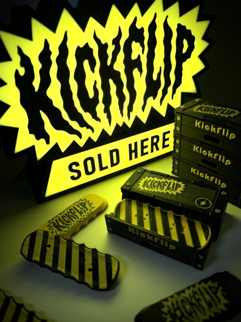 Hazard theme magnetic kickflip fidget deck with storage crate
